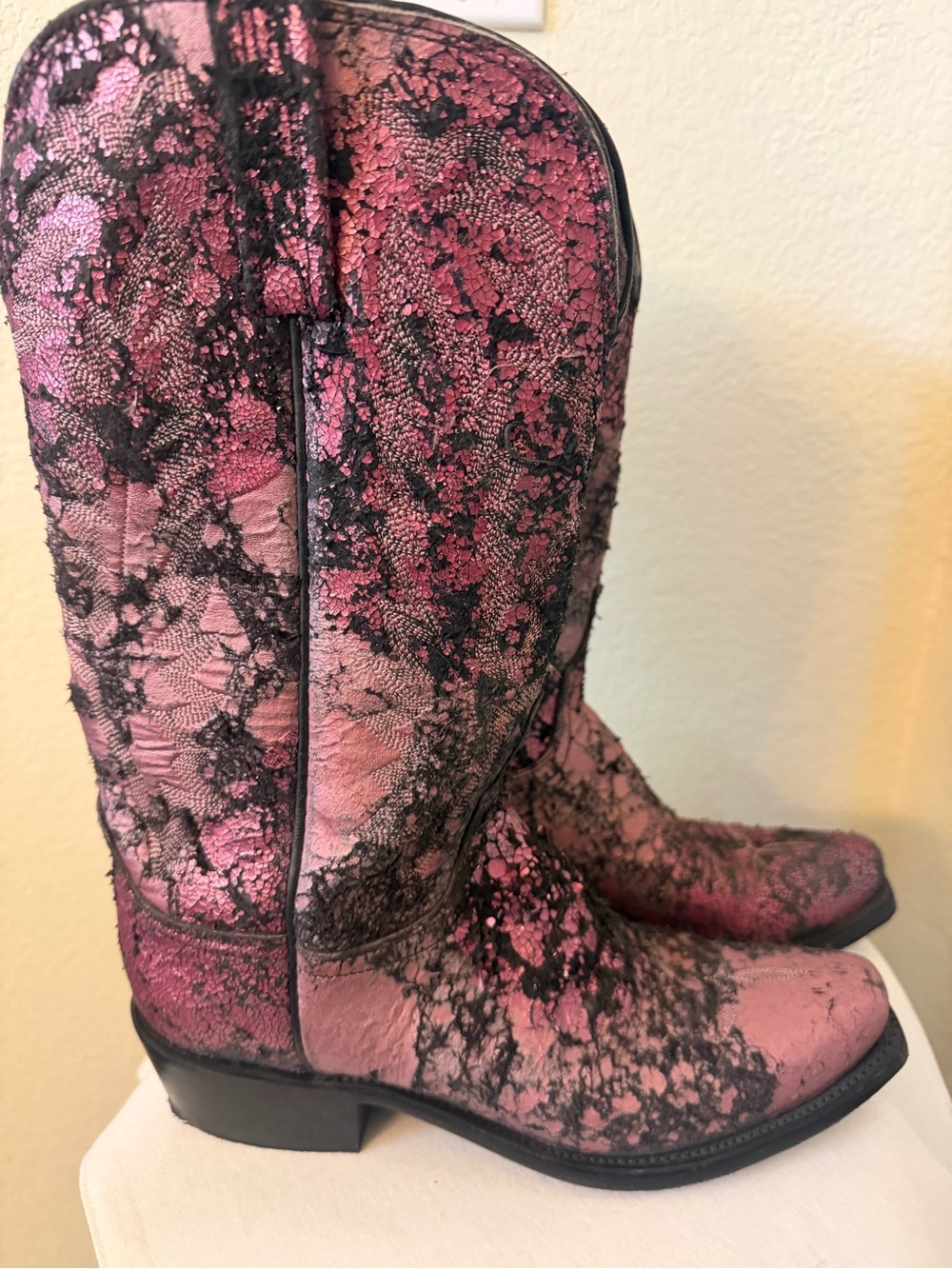 Lucchese Pink and Black Distressed Western Boots